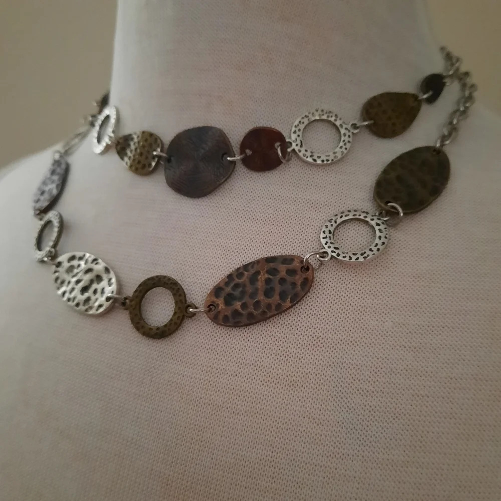 Paparazzi Silver Bronze tones hammered metal Adjustable closure Necklace